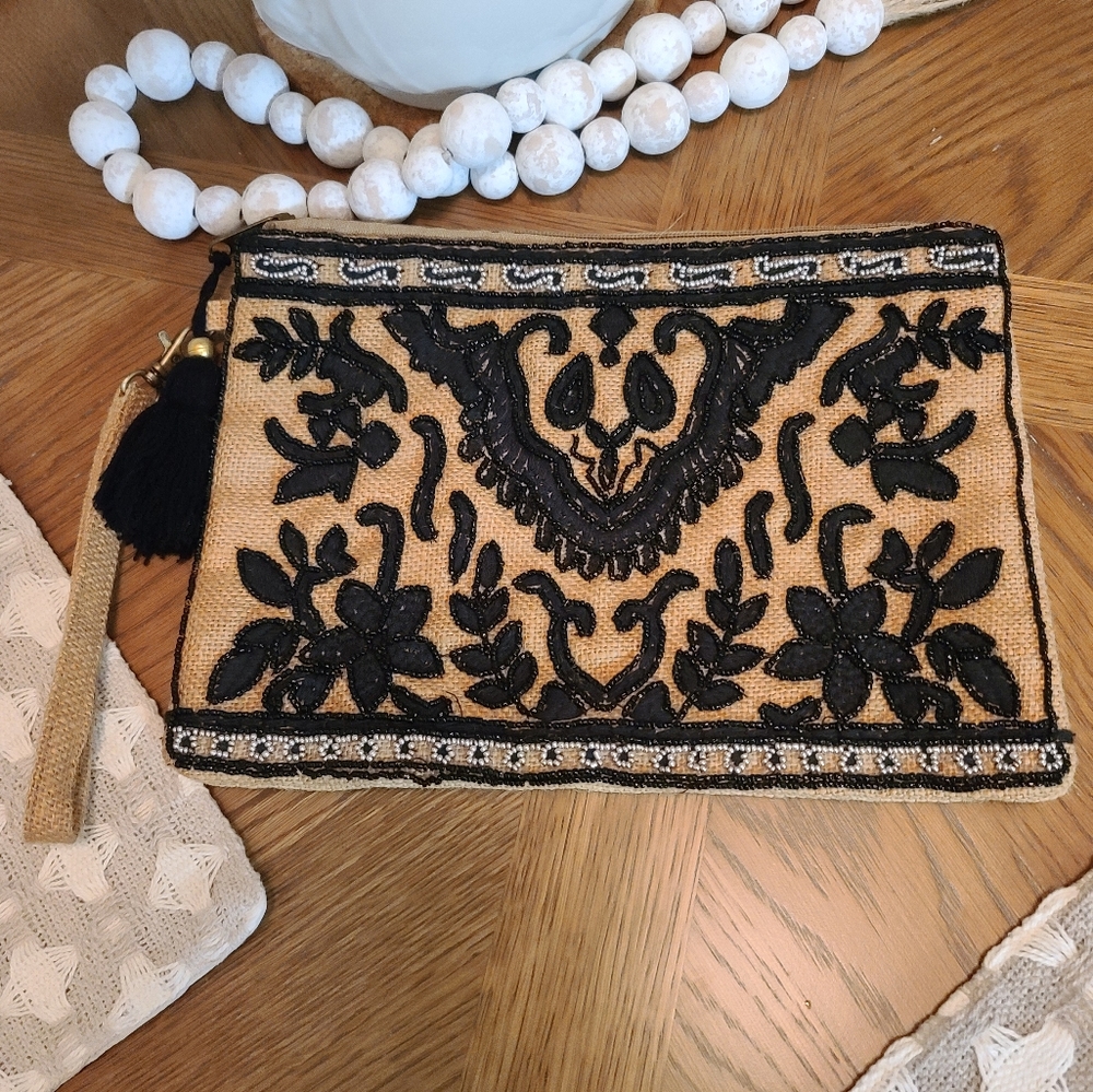 Love Stitch Tan and Black Embroidered Beaded Wristlet Clutch